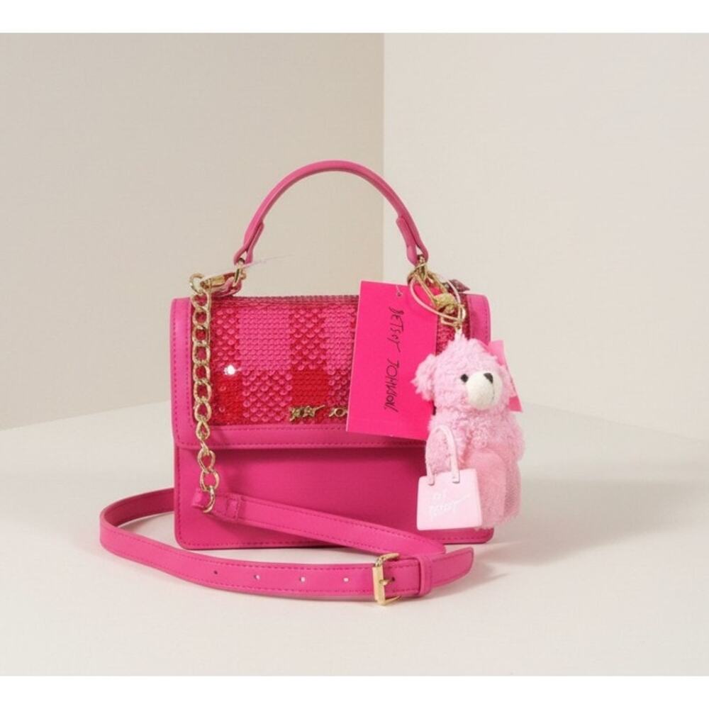 Betsey Johnson XOMYLO 2 Teddy Bear Charm Crossbody Bag Pink Sequin NWT